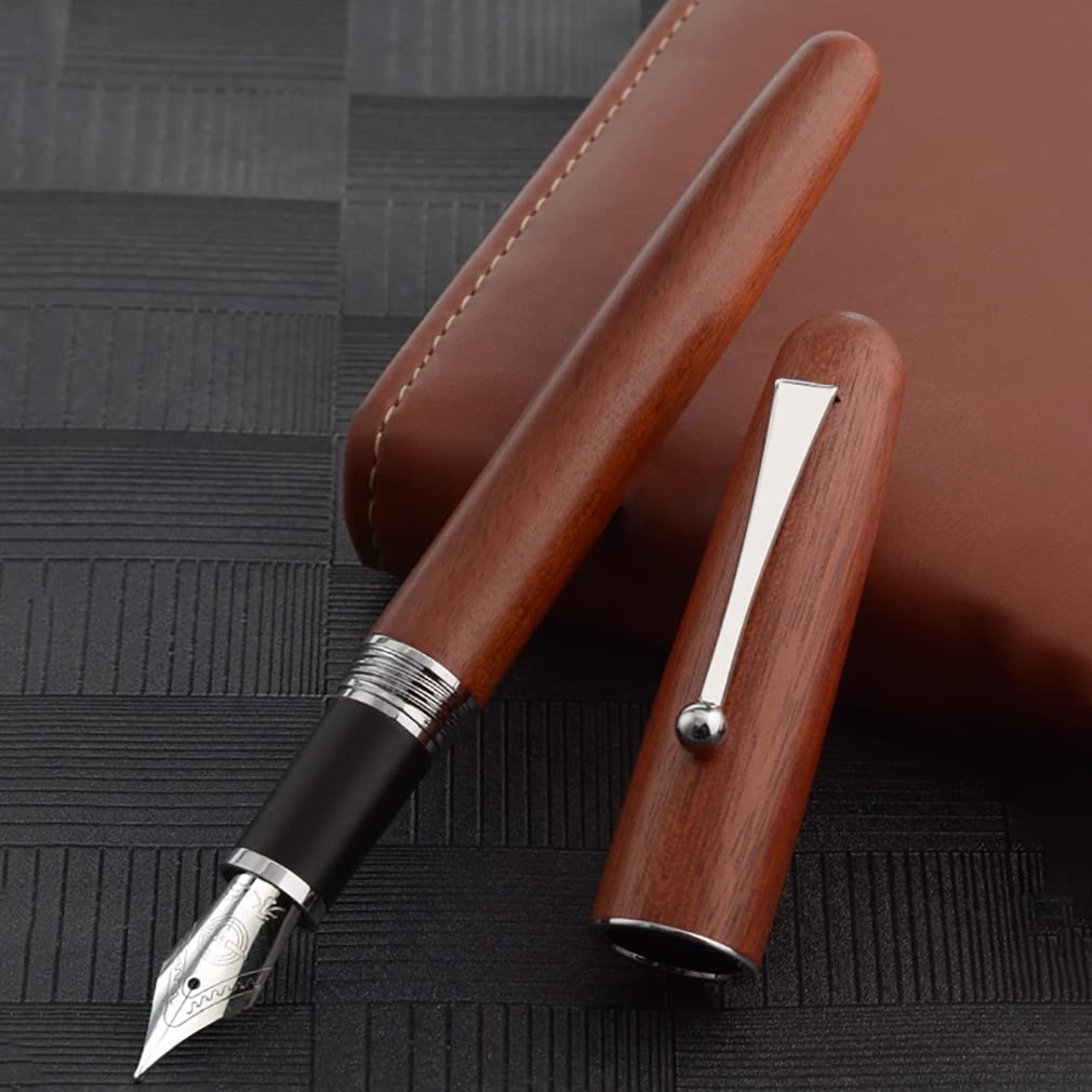 Gullor Natural Wood Fountain Pen Medium Nib with Ink Converter, Screw Cap Silver Clip - Image 3