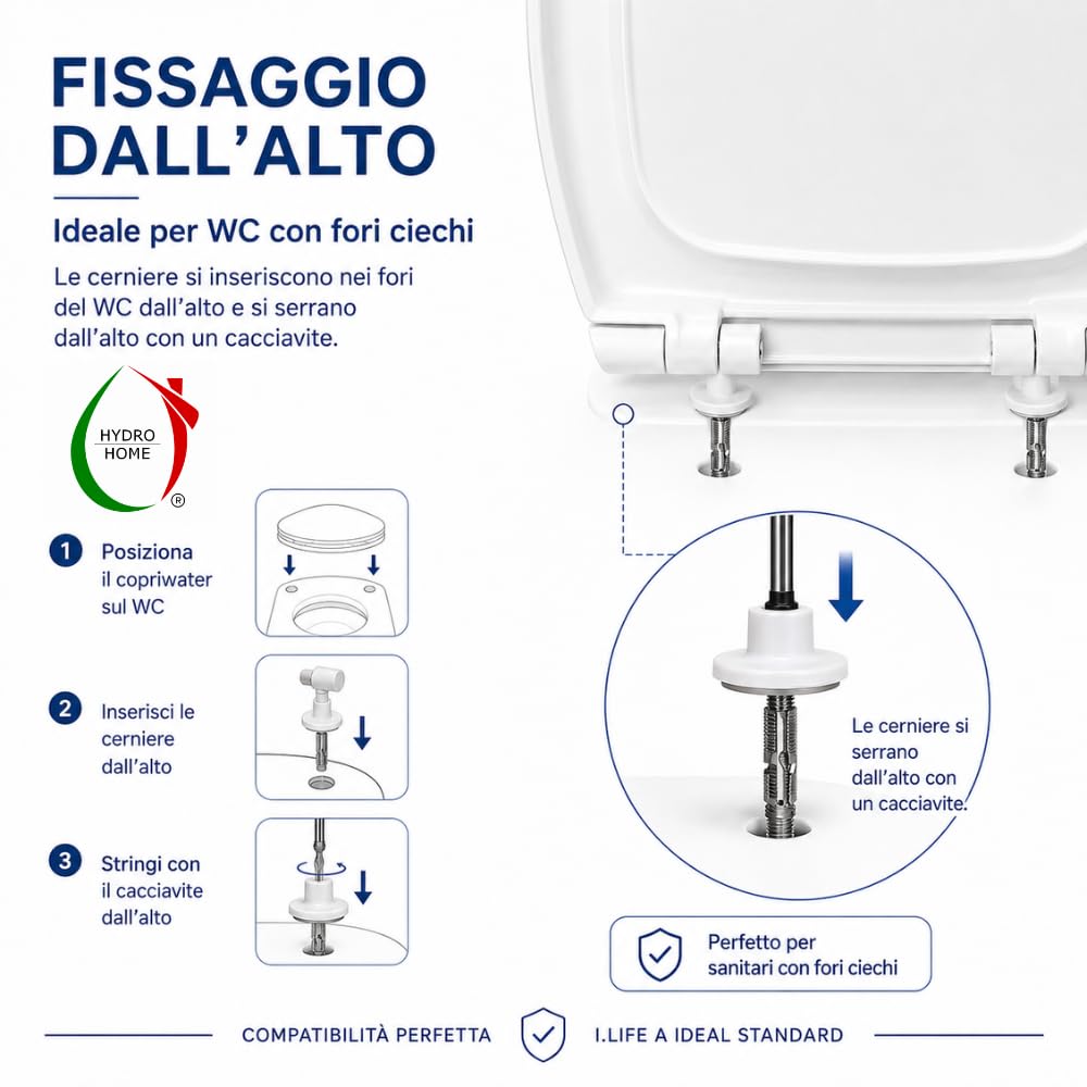 HYDRO HOME Copriwater Compatibile con I.LIFE A Ideal Standard, Sedile WC Slim in Duroplast Termoindurente Bianco, Soft Close, Cerniere Regolabili con Fissaggio dall’Alto (CHIUSURA AMMORTIZZATA)