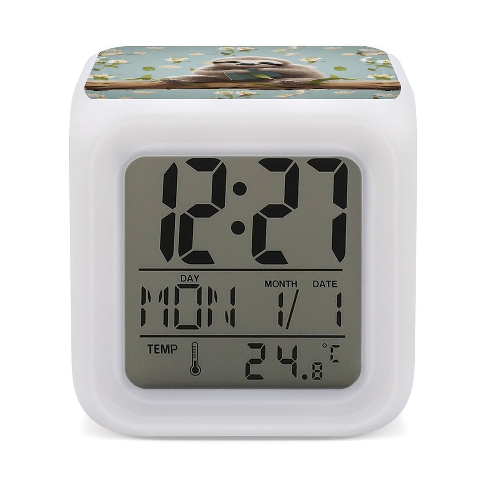 JTREHY 7 Color Changing LED Digital Alarm Clock,Cute Sloths Printed Wake-up Clock with Temperature Display Home Decoration Alarm Clock for Bedroom Office