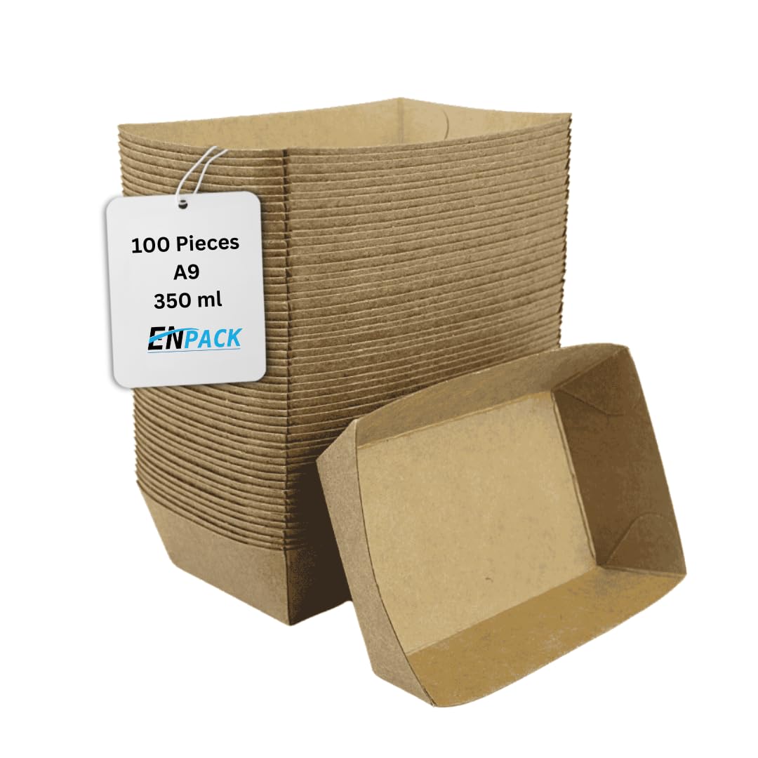 Enpack Snackschale A9-500 Stück Snackschalen aus Kraftpapier - Snack Box 15x10x3,5cm - Currywurst Schale 500 ml - Behälter für Tapas, Chips, Pommes etc. - optimal geeignet als Fingerfood Schalen