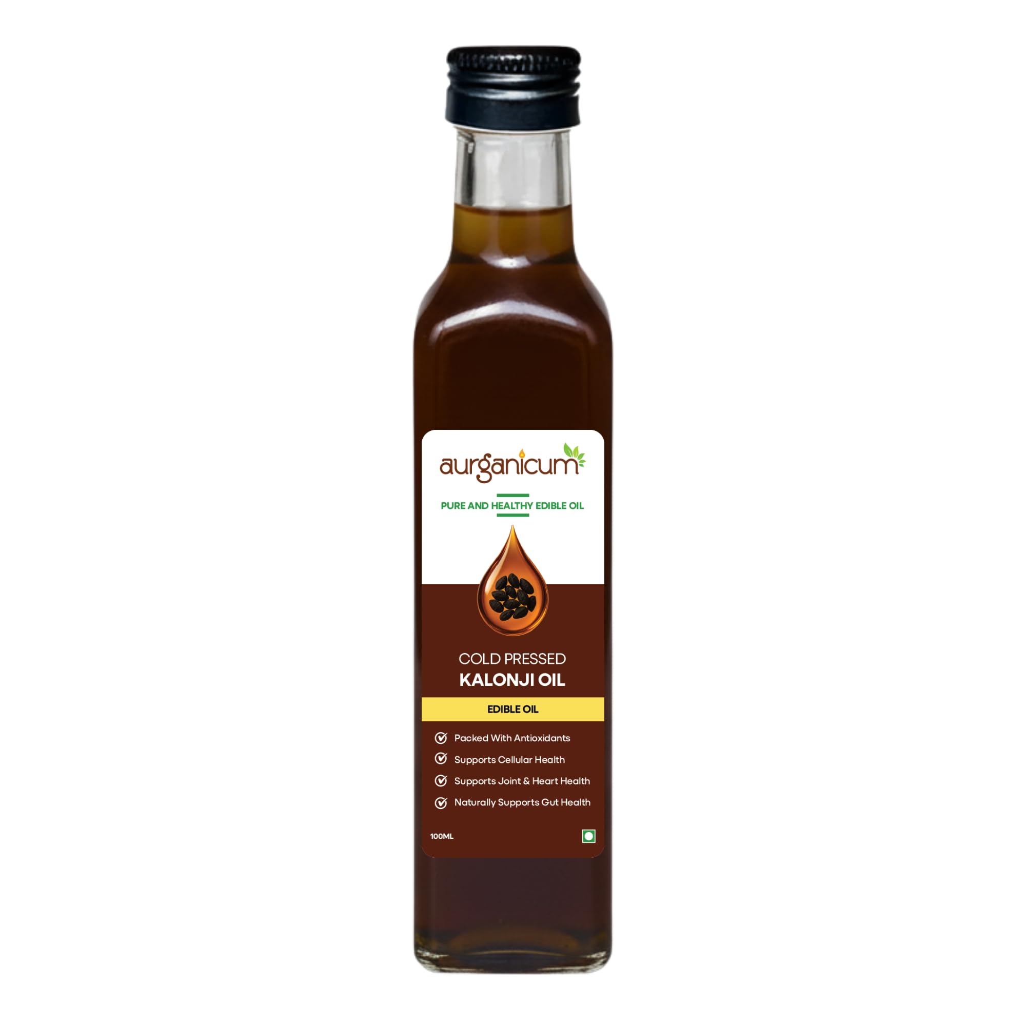 Aurganicum Kalonji Oil 100ml – Cold Pressed Nigella Sativa Black Seed Oil, 100% Pure Edible Oil for Cooking, Hair & Massage, Rich in Thymoquinone – Glass Bottle