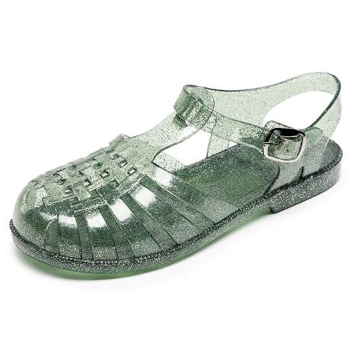 LUXINYU Women Jelly Sandals Adjustable Buckle T-Strap Round Toe Slingback Bling Flats Summer Fisherman's Sandal Glitter Rain Shoes