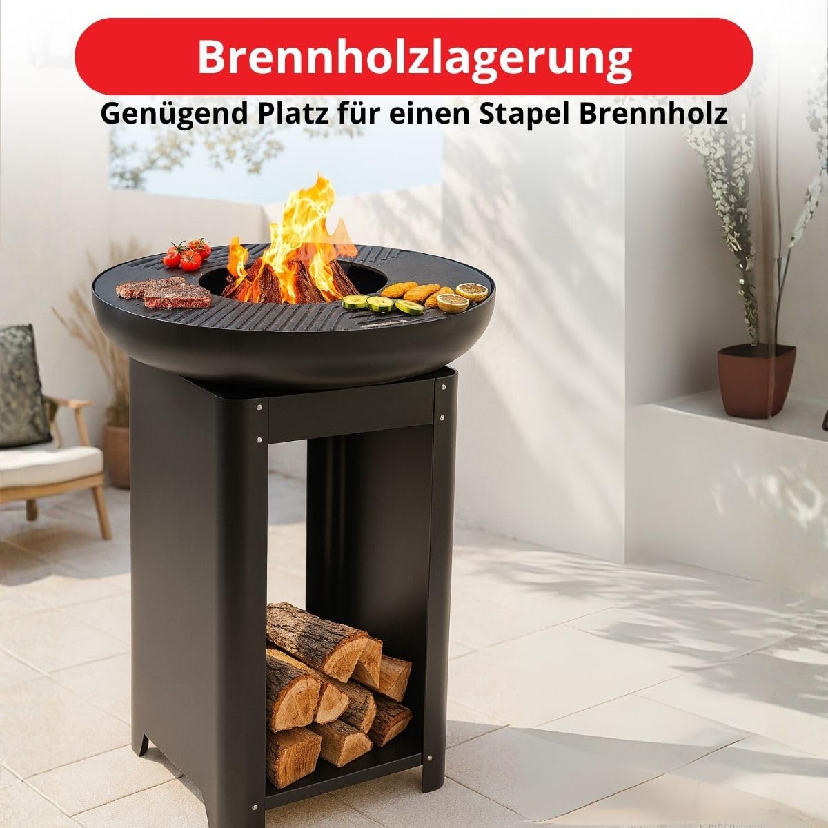 BBQ Collection 3-in-1 Feuerschale mit Grillrost - Feuerkorb 61 x 90 cm - Outdoor Küche mit Teppanyaki und BBQ Grillplatte - Plancha BBQ mit Holzlagerplatz - Gartenkamin für Außen - Metall
