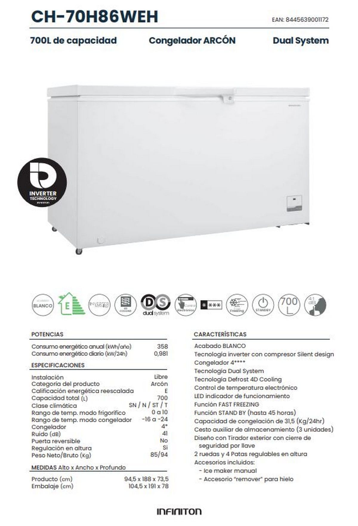 INFINITON Congelador Horizontal CH-70H86WEH, 700 Litros, 188 cm de Ancho, Inverter, FAST FREEZING, Cesto auxiliar de almacenamiento, E, Blanco