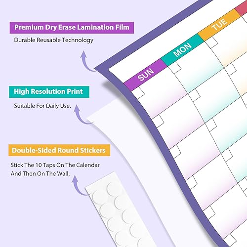 Miniatura 5 de Calendario grande de borrado en seco para pared, calendario de pared de 1 mes sin fecha, 40 x 28 pulgadas, calendario laminado borrable y