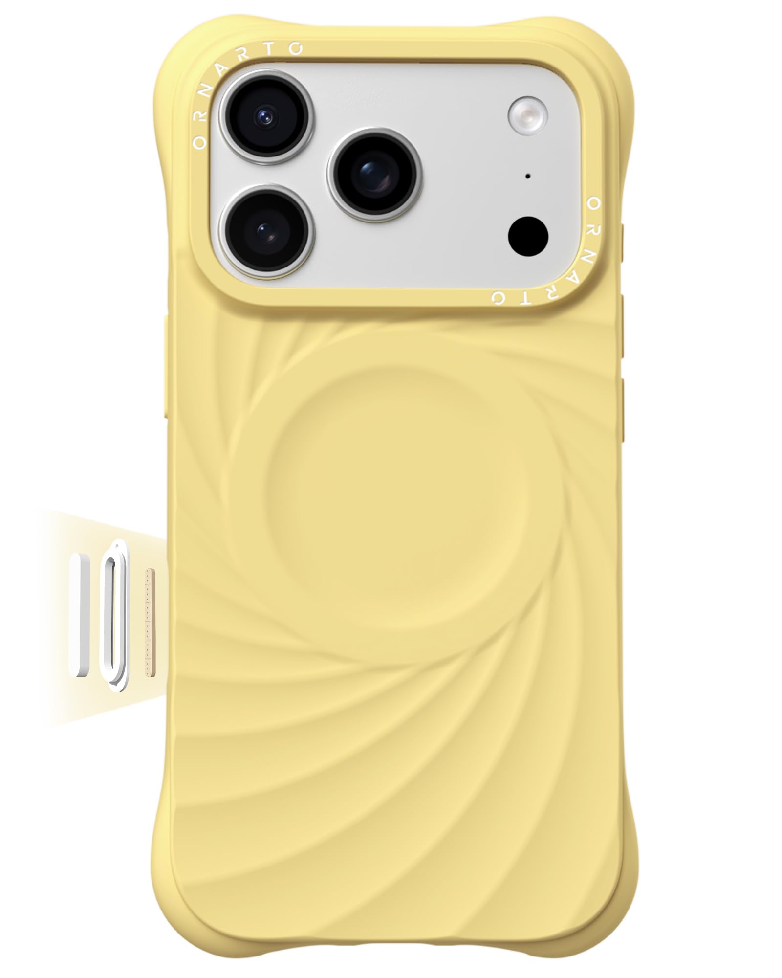 ORNARTO VORTUXE Cover per iPhone 17 Pro, [2X Protezione Grado Militare/Texture Ondulata/Compatibile con MagSafe] Morbido Silicone Liquido Custodia 6,3 pollici, Giallo
