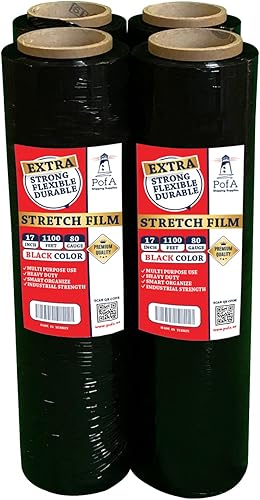 Película elástica de plástico negro, 4 rollos  17 pulgadas x 1100 pies x calibre 80 (20 micrones), envoltura retráctil industrial resistente para