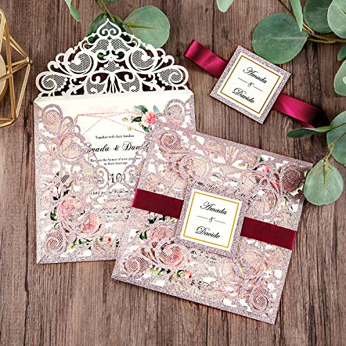DreamBuilt 6.3 X 6.3 Inch 50PCS Personalized Rose Gold Glitter Laser Cut Wedding Invitations With Envelopes Hollow Rose Pocket With Burgundy Ribbon Belly Band Wedding Invitation Cards For Wedding Invi