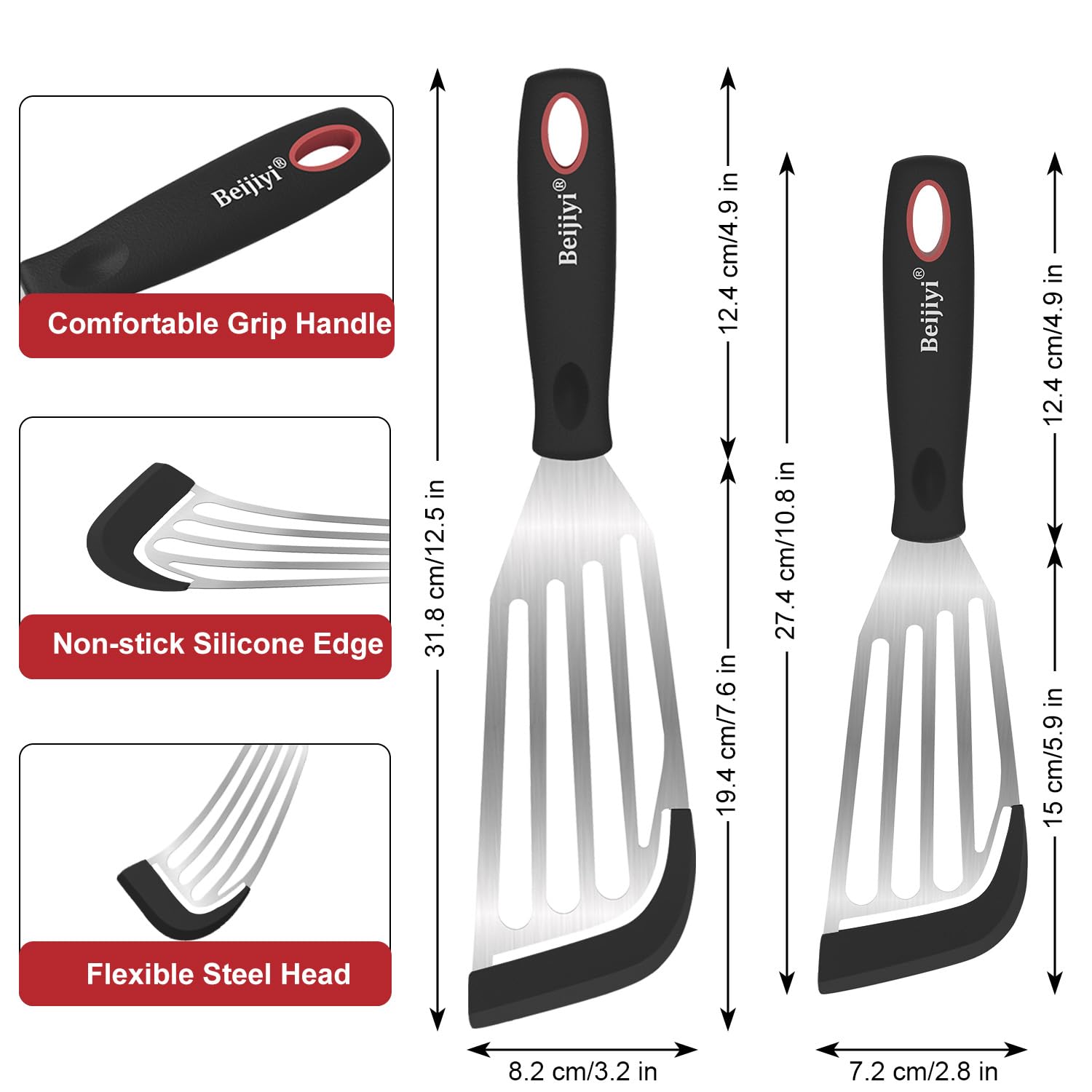 Beijiyi Espátulas de pescado de silicona para utensilios de cocina antiadherentes, juego de espátulas volteadoras de pescado con borde de silicona resistente al calor, espátula de silicona flexible