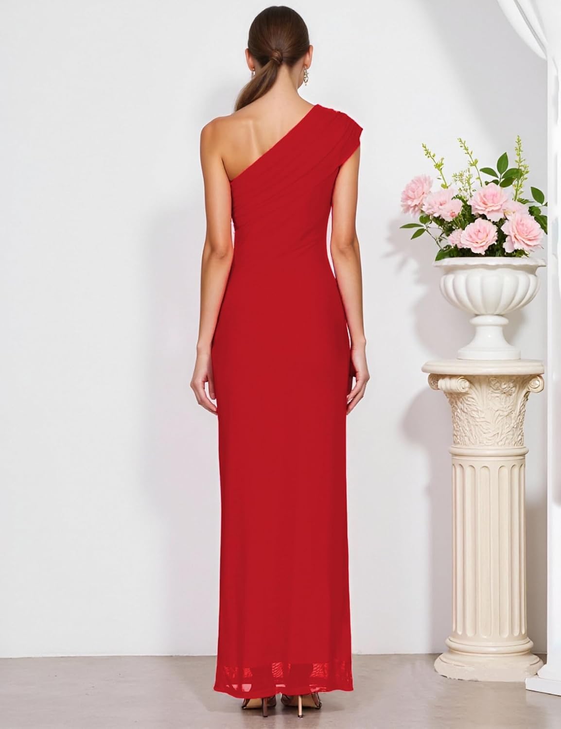 Nadia FRAC Women's One Shoulder Mesh Pleated Bodycon Maxi Dress Elegant Prom Wedding Guest Evening Gown - Image 6