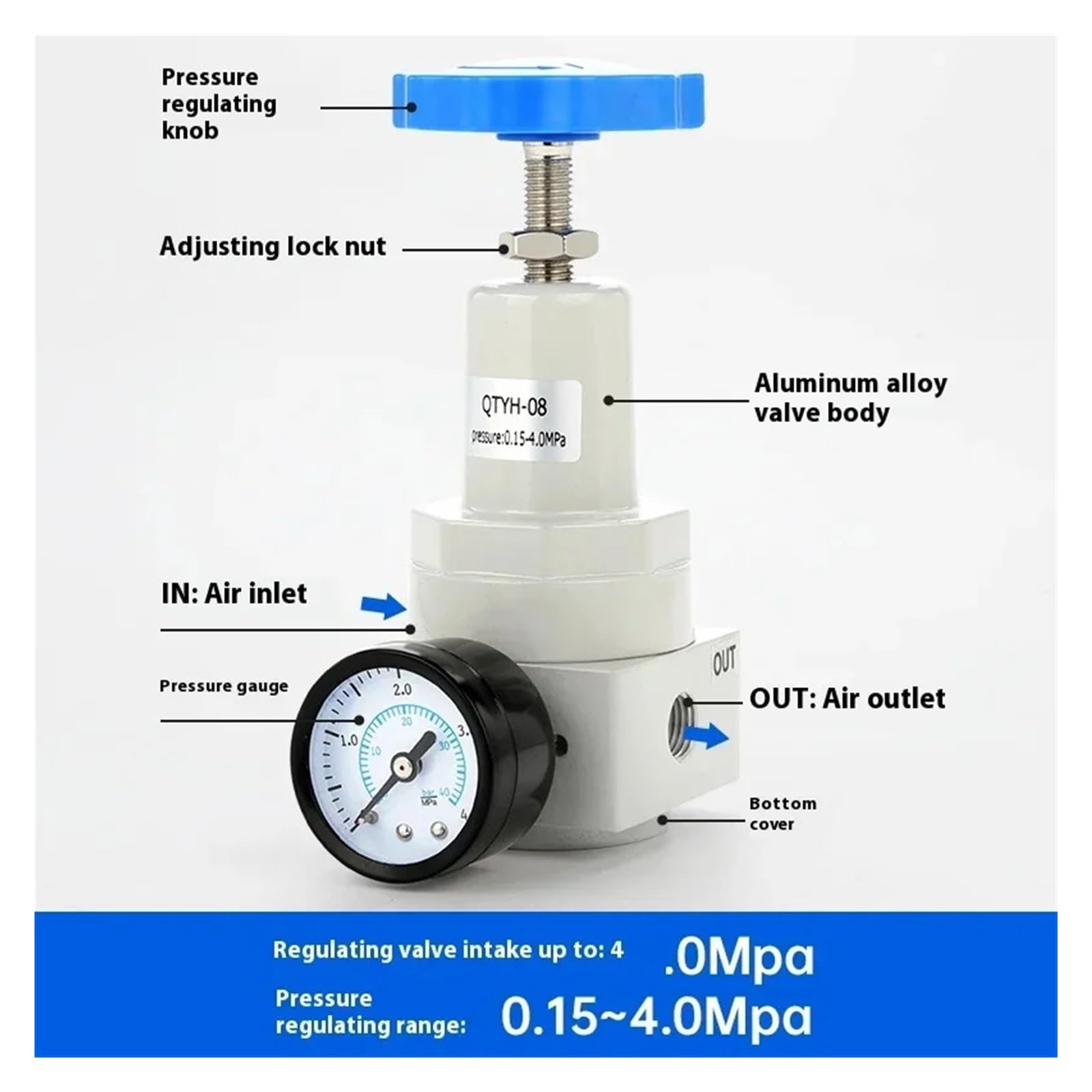 Regolatore pneumatico ad alta pressione 0~40 bar con porta manometro 1/4 3/8 1/2 pollici 1/2"(QTYH-32)
