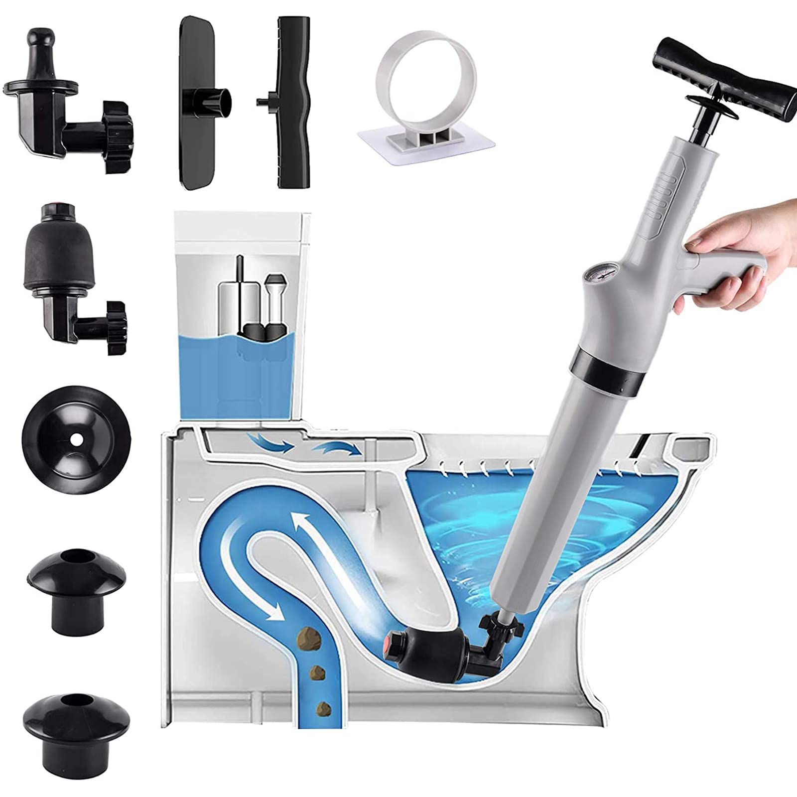 9 in 1 Air Plunger for Toilet, Drain Plumb Plunger, High Pressure with 9 Detachable Assembly Heads, Air Drain Blaster Gun Plunger High Pressure, For Clogged Toilet Kitchen Bathroom Tubs(gray)
