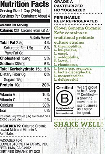 Clover Sonoma, Organic Lowfat Kefir, Plain, 32 Oz