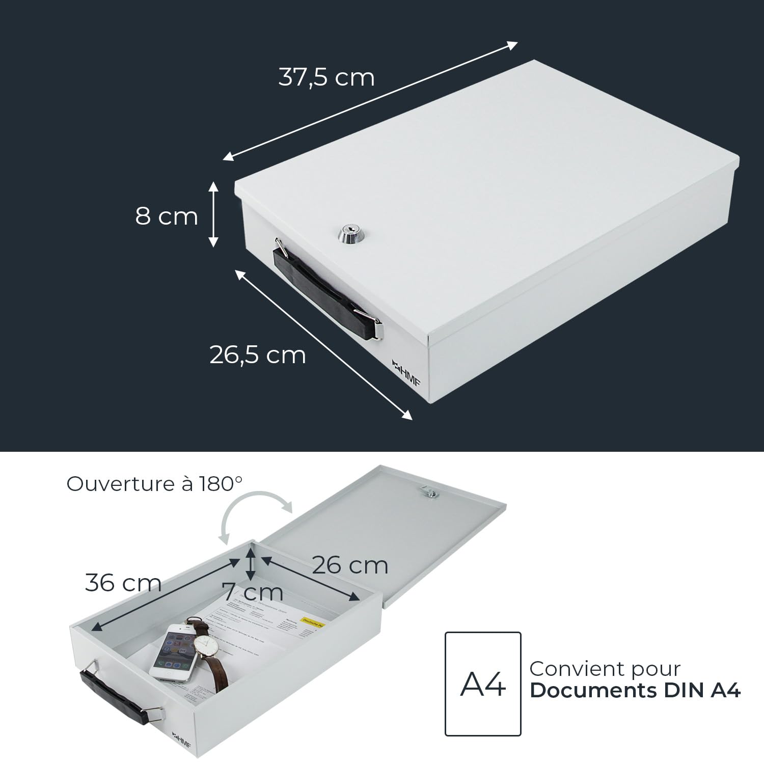 HMF 141-07 Boîte de rangement verrouillable en métal | DIN A4 | 37,5 x 26,5 x 8 cm | Gris clair