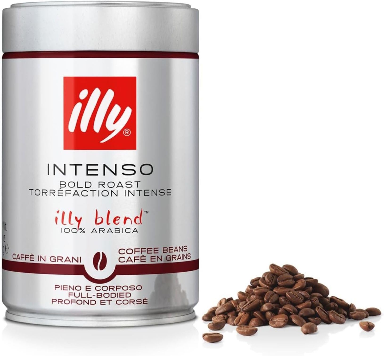 illy, Kaffeebohnen Zum Mahlen INTENSO, 100% Arabica mit Aromen von Kakao und Trockenfrüchten, Vollmundiger und Kräftiger Nachgeschmack, 1 Dose mit 250g