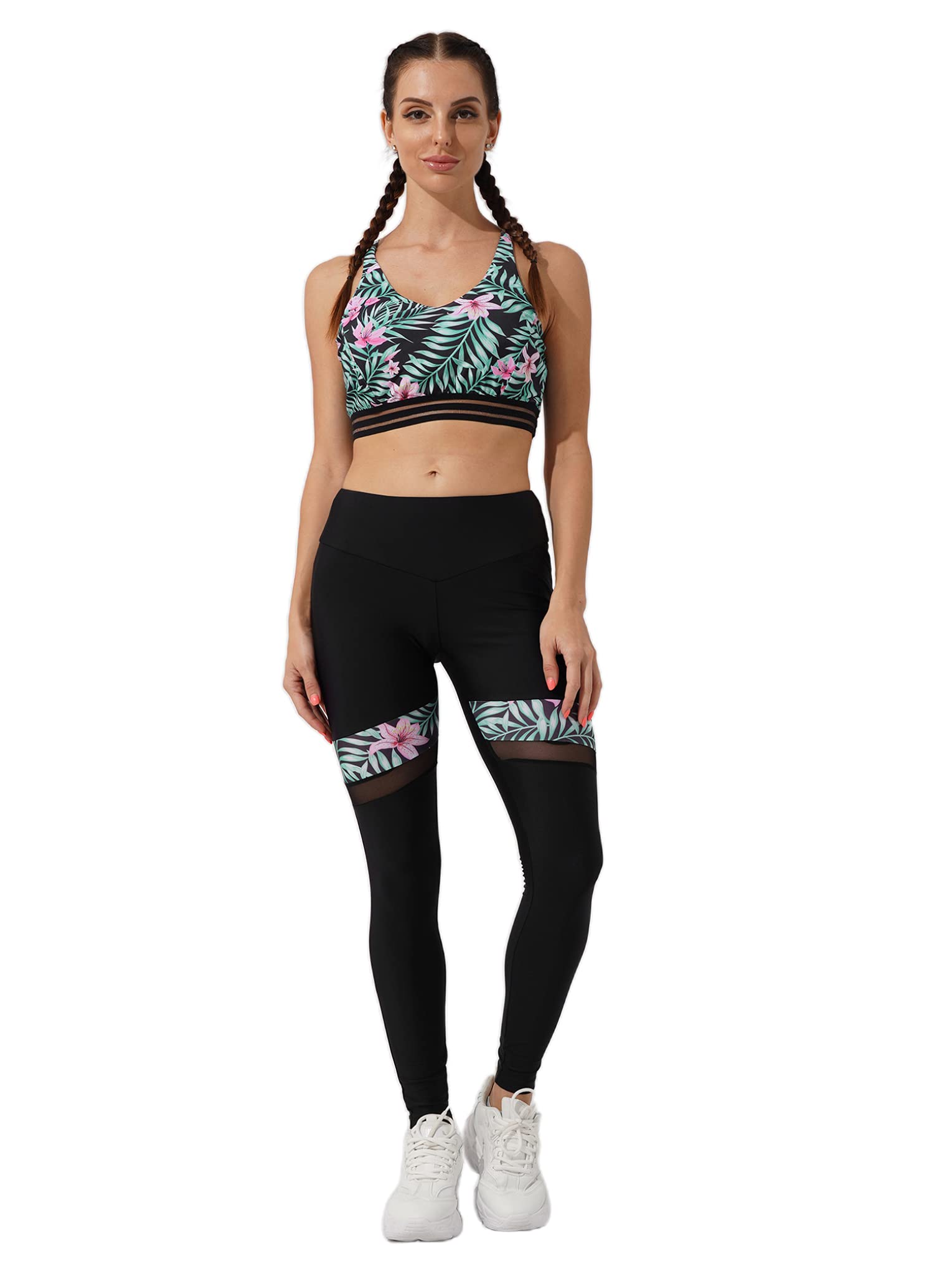 Hansber Womens 2 Pieces Yoga Sport Athletic Sets Floral Tanks Top with Legging Fitness Activewear