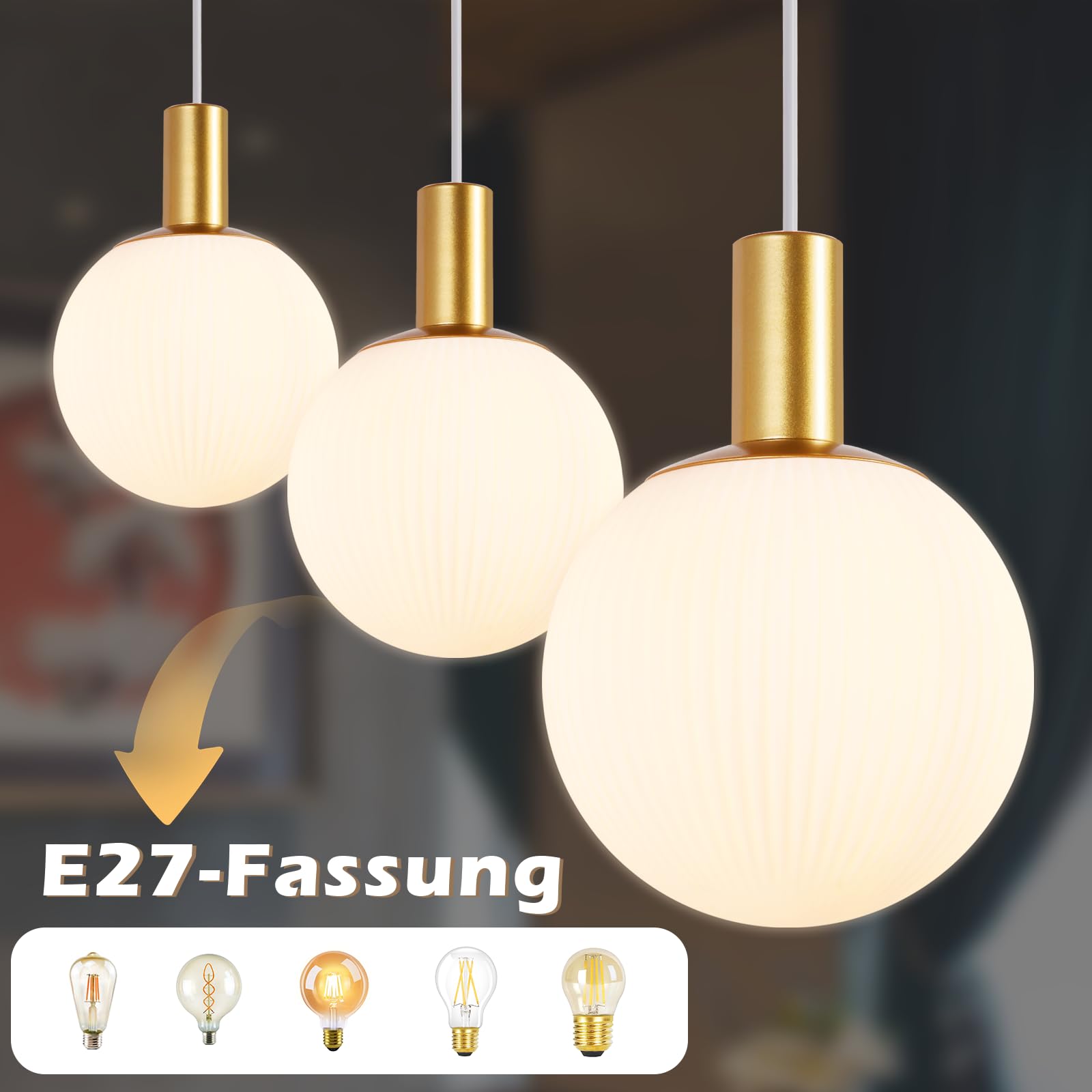 CBJKTX Lampada a sospensione da tavolo in vetro - E27 Lampada a sospensione | d'oro 3 fiamme lampadario regolabile in altezza per soggiorno camera da letto cucina sala da pranzo (senza lampadina)