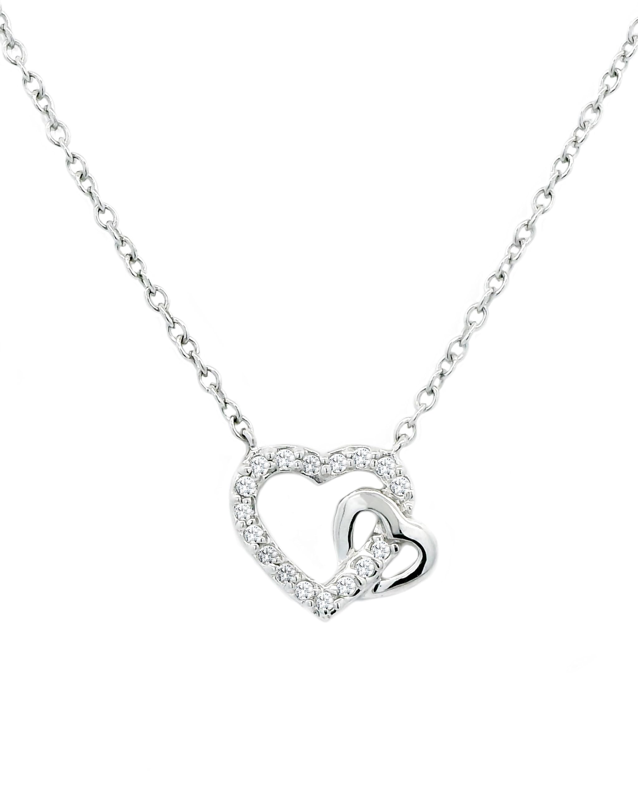 Damen Kette Herz Anhänger Halskette 925 Sterling Silber, Herzkette 2 Herzen | Echtsilber zwei verschlungene Herzen, Echt Silberkette mit Zirkoniasteinen, Schmuck Geschenk für Frauen Sie Frau Freundin