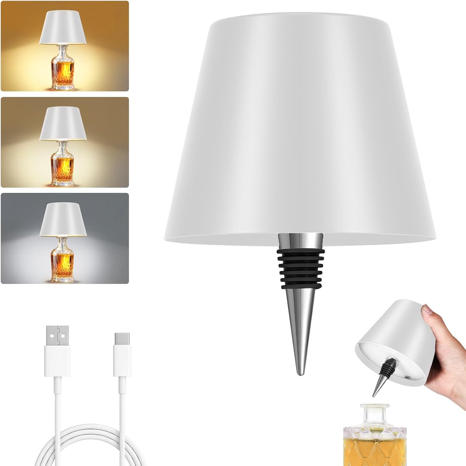 Cordless LED Wine Bottle Lamp, USB-C Rechargeable Table Lamp with 3 Color Temperatures, Portable Battery Operated Lamp Shade for Empty Liquor Bottles, Bar & Home Decor, White-image-12