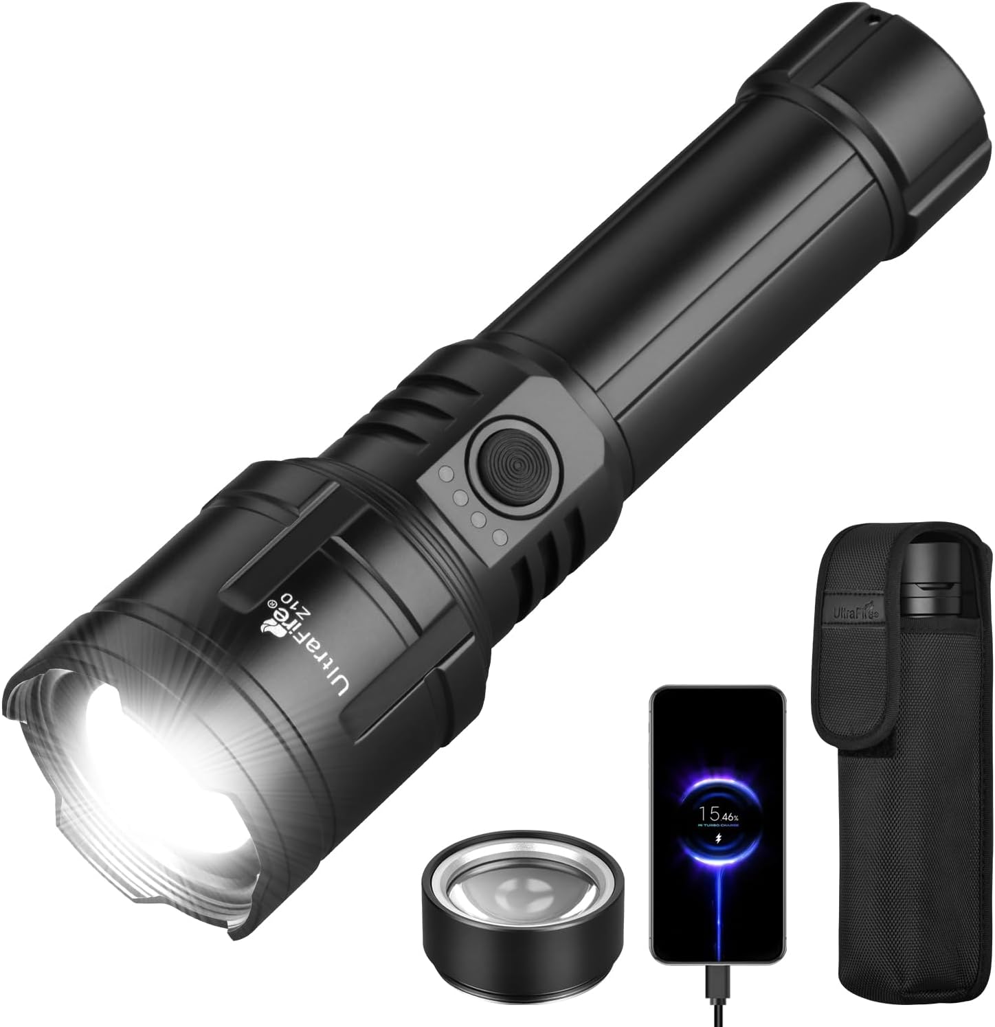 ULTRAFIRE Flashlights High Lumens with Ignition Lens, 1500 LM Super Bright Zoomable Tactical Flashlight with Holster, Reverse Charging, 3 Modes LED Rechargeable Flash Light for Camping, Emergency