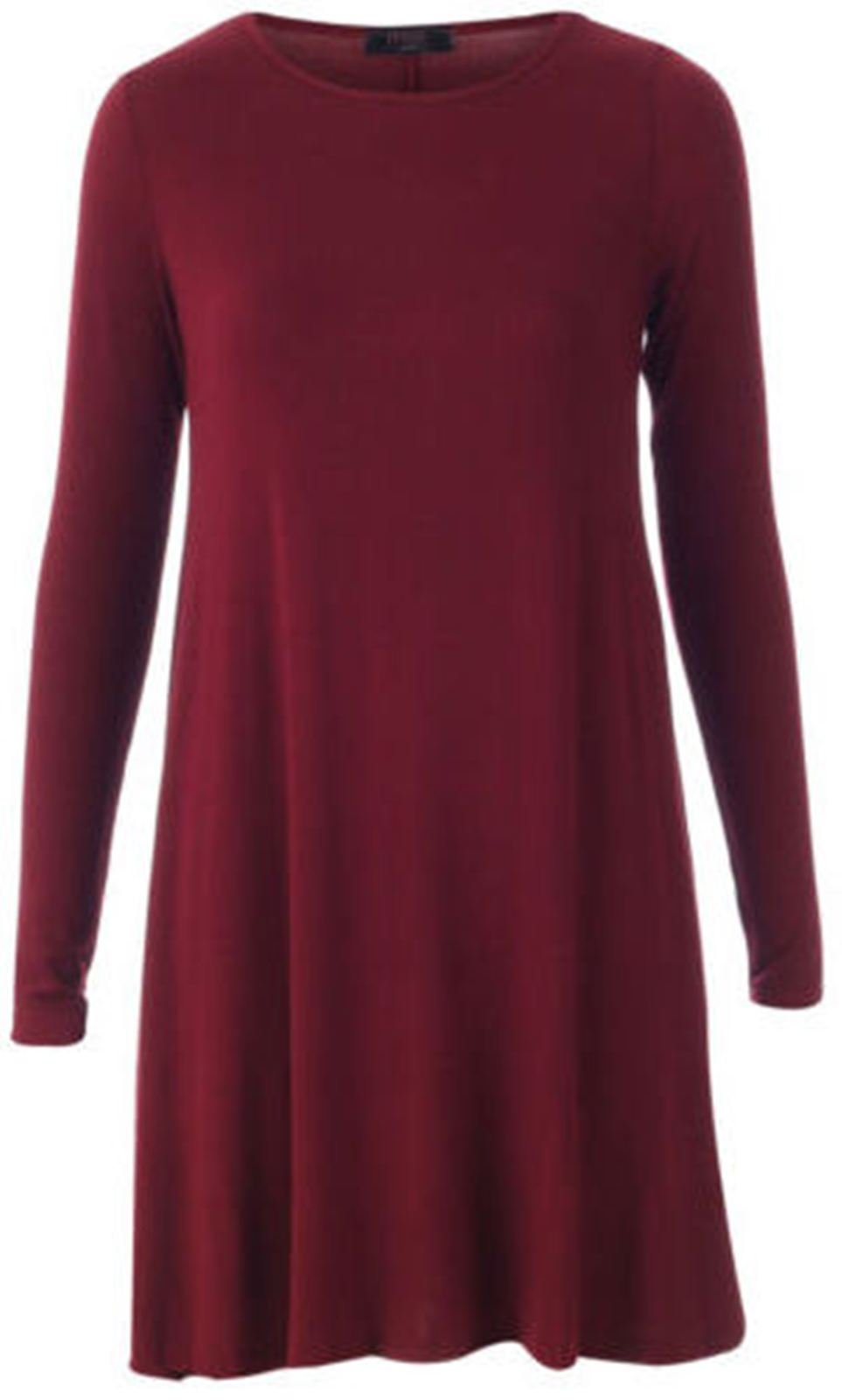 WearAll Plus Size Womens Plain Long Sleeve Stretch Ladies Swing Dress Top - Wine - 24-26