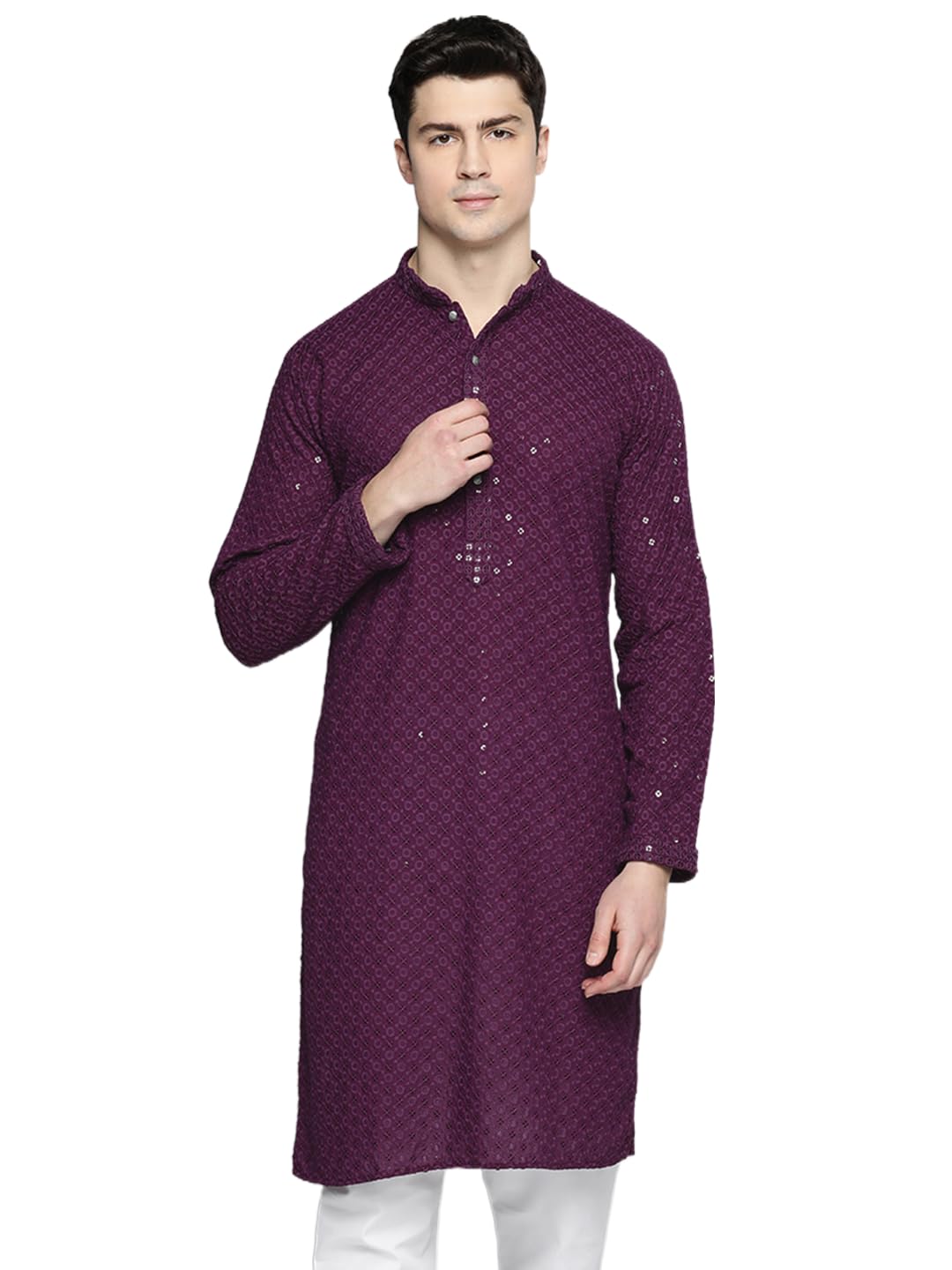 Jompers Mens Purple Chikankari Embroidered And Sequence Kurtas (Purple, Xl)