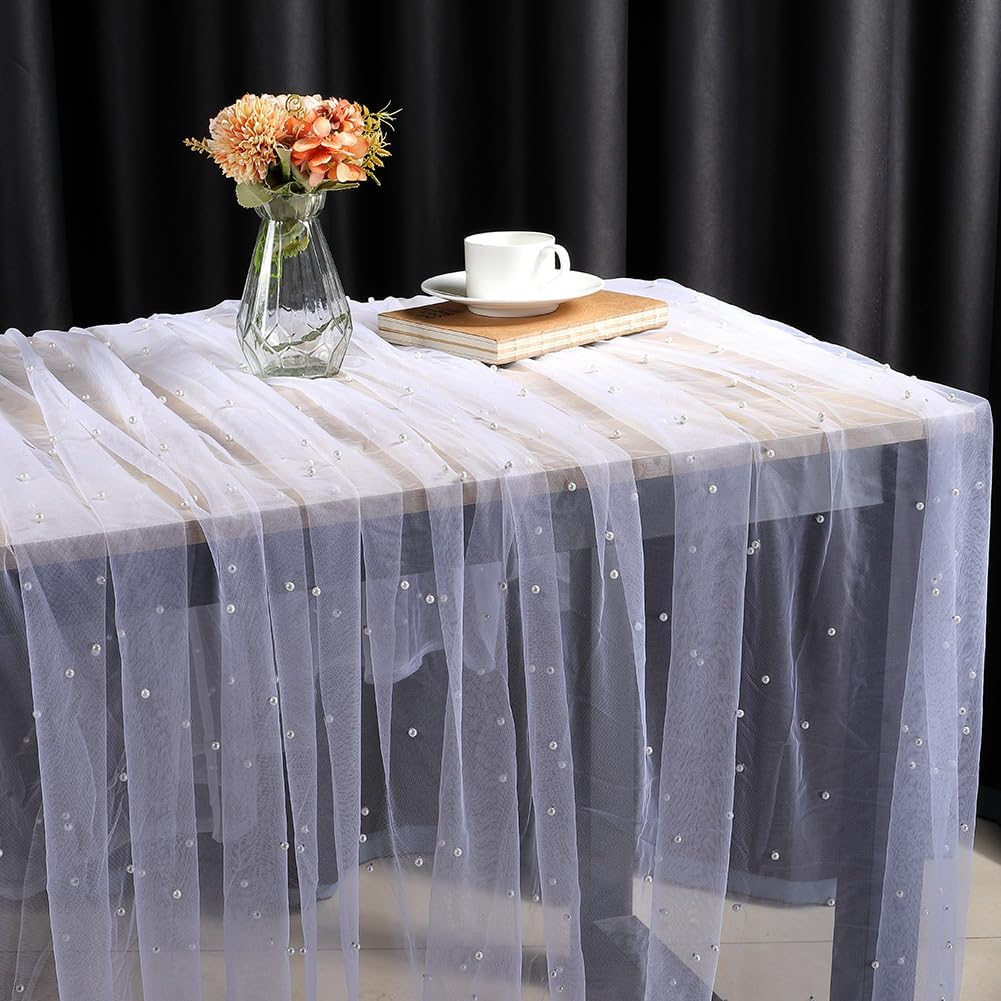 GORGECRAFT 4 Yards x 160cm Pearl Beaded Tulle Fabric White Lace Fabric Soft Mesh Net Table Cloth for Bridal Veil Party Dresses Bows Making DIY Sewing Crafts Home Backdrop Wedding Arch Decorations