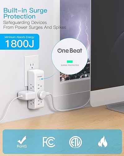 Miniatura 25 de Extensor de salida protector de sobretensiones con enchufe giratorio, 6 tomas de corriente alterna con 3 puertos USB (1 USB C), 1800 J, regleta Negro