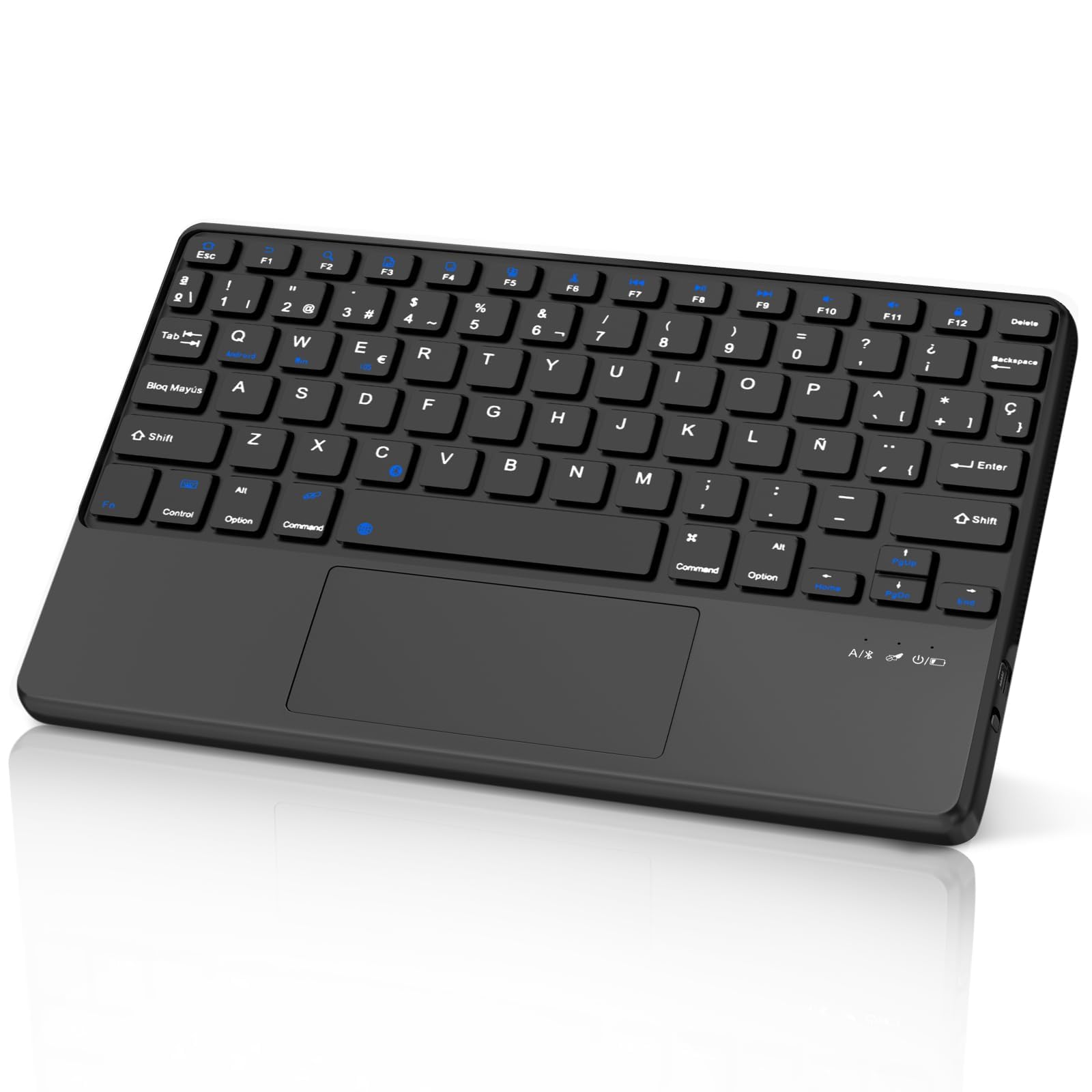 SENGBIRCH Teclado Bluetooth Español Ñ con Touchpad, Ultra-Delgado Teclado QWERTY Inalámbrico, Delgado y Ligero Keyboard para iPad, Android Samsung Tablet, Xiaomi Pad, Huawei, Lenovo, Negro
