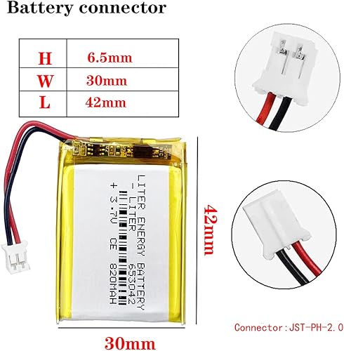Miniatura 2 de Batería recargable del ion del polímero de litio de la batería del litro 3.7V 820mAh 653042 Lipo con el conector JST 6.6 ft m