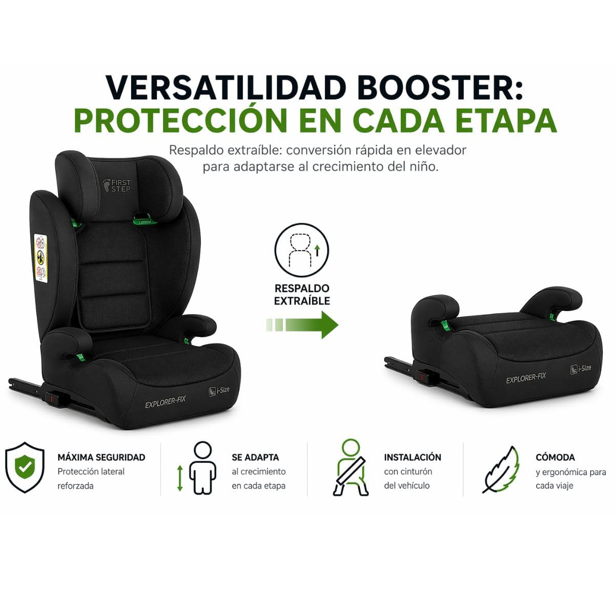 First Step Explorer Fix Silla Coche Niño i-Size (100-150 cm), Grupo 2/3 ISOFIX, Reposacabezas 13 Posiciones, Reclinable, Protección Lateral SPS, De 3,5 a 12 Años, Convertible en Alzador, Negro