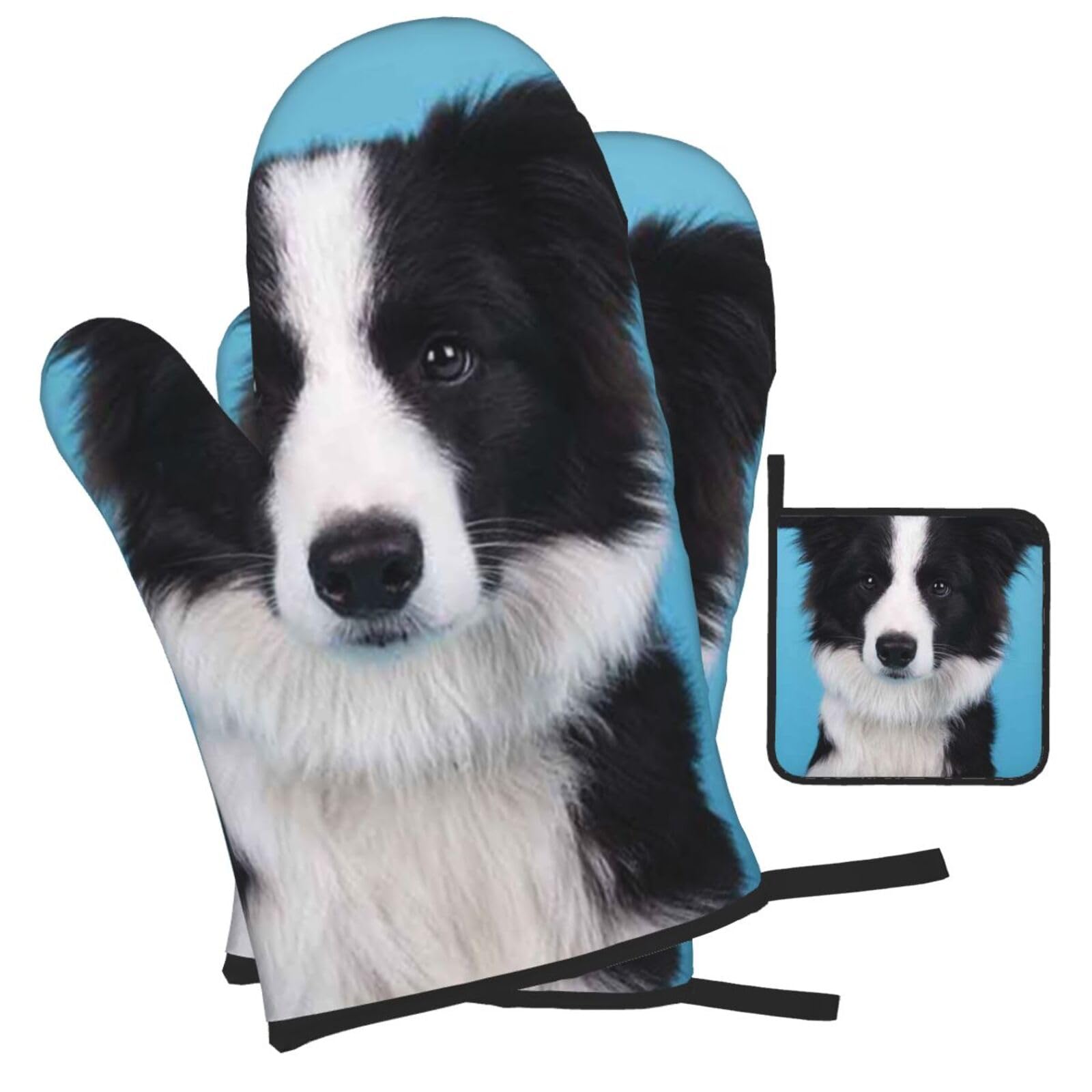 Border Collie Printed Oven Mitts and Pot Holders Heat Resistant Set of 3 Pcs, Modern Kitchen Gloves & Potholders for Cooking Baking Grilling