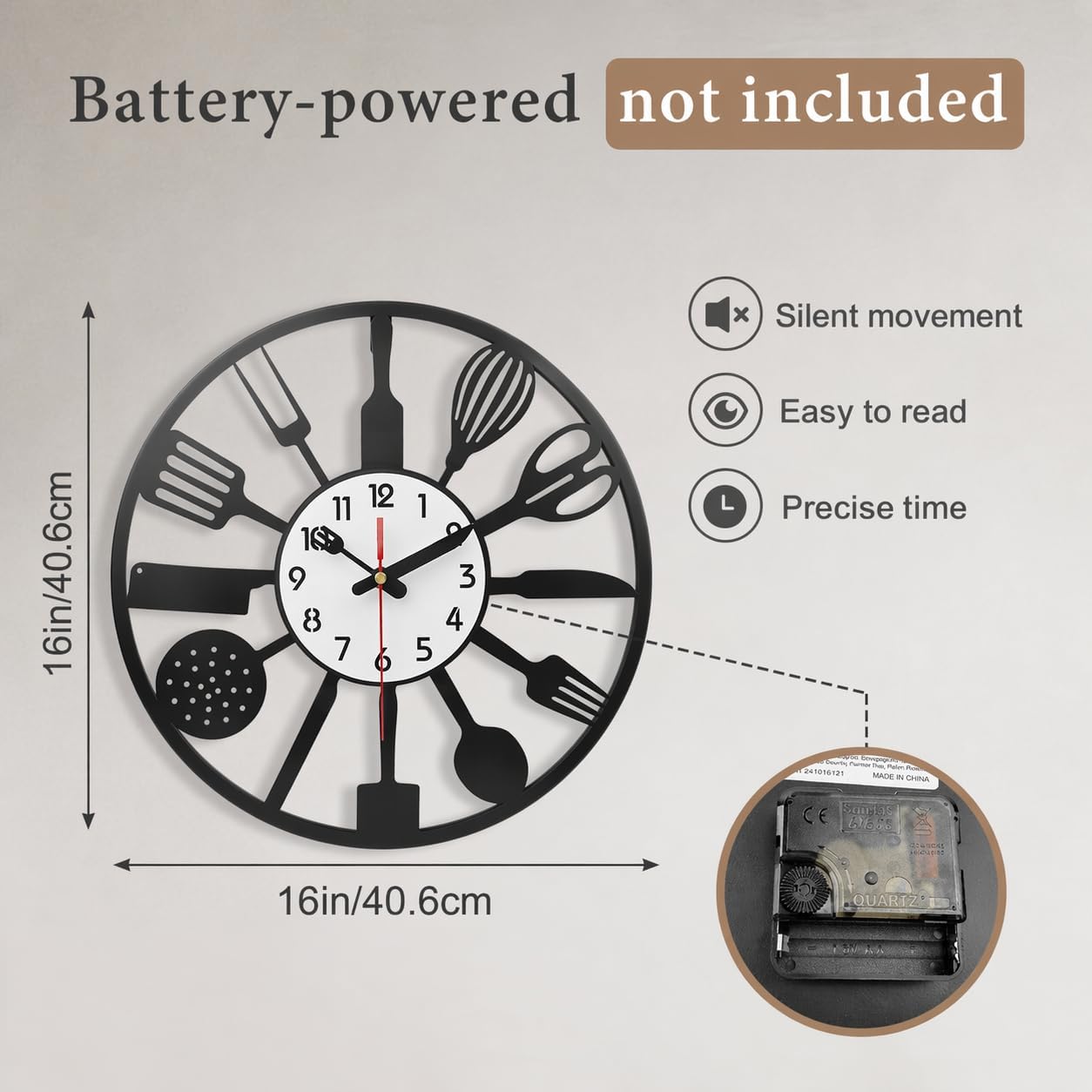 16" Black Metal Cutlery Kitchen Wall Clock, Creativity Fork And Spoon Dial image 4