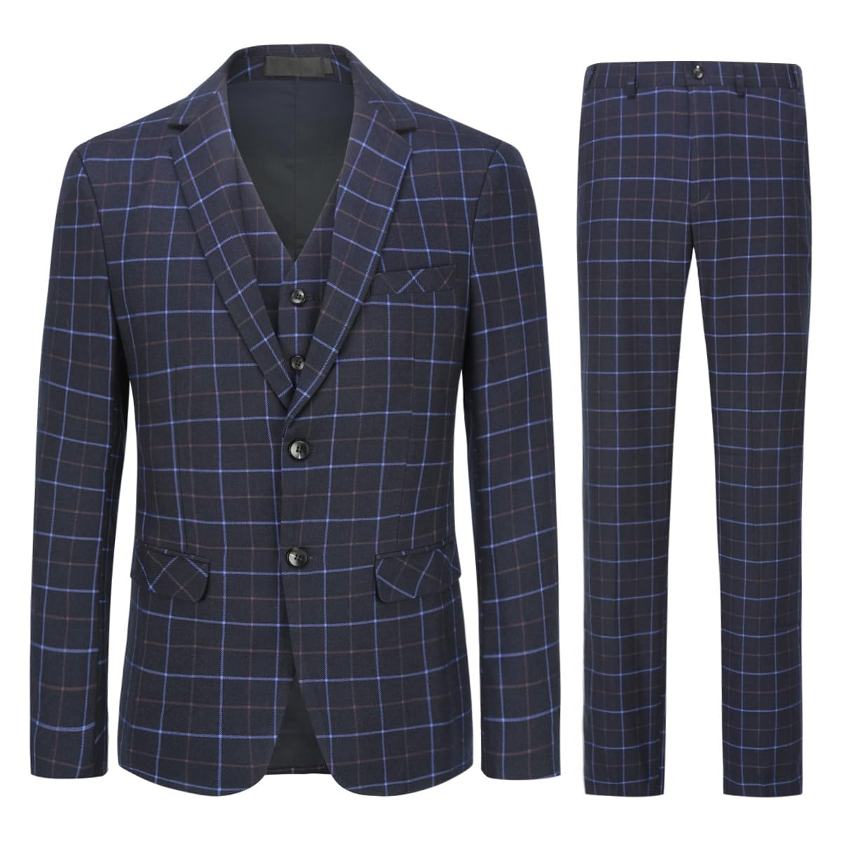Allthemen - Traje para Hombre, Formal, a Cuadros, Ajustado, Traje de 3 Piezas para Boda de Negocios