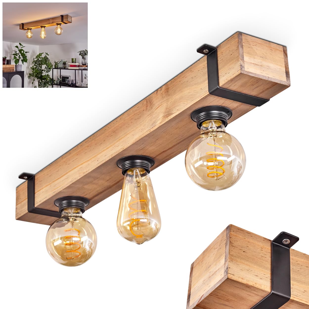 Hofstein Light/Black Montgomery Ceiling Modern Ceiling Made Of Metal/Wood In Black/Natural Colour, Scandinavian Design Luminaire With Wooden Beams (60 Cm), 3 S, 3 X E27 Socket, Without Bulbs