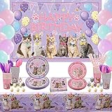 Cat Birthday Party Supplies Set, Kitten Tableware Includes Happy Birthday Backdrop, Spoons, Fork, Plates, Tablecloth, Cups, Balloon, Straws for Kids Cat Party Decorations, Serves 20 Guest (Backdrop A)