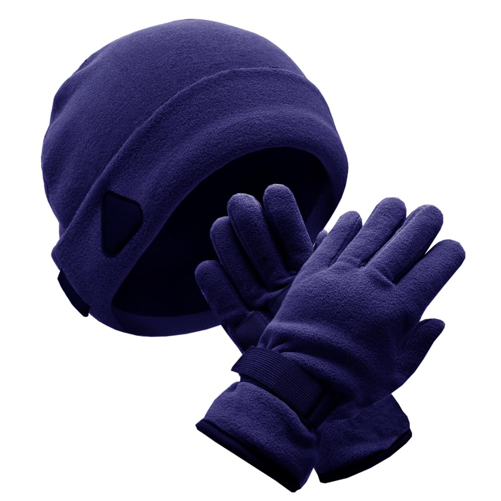 i-Smalls Winter Beanie and Anti-Slip Gloves Set Windproof Insulated Gloves Adjustable Fit Ideal for Cold Weather (Navy)