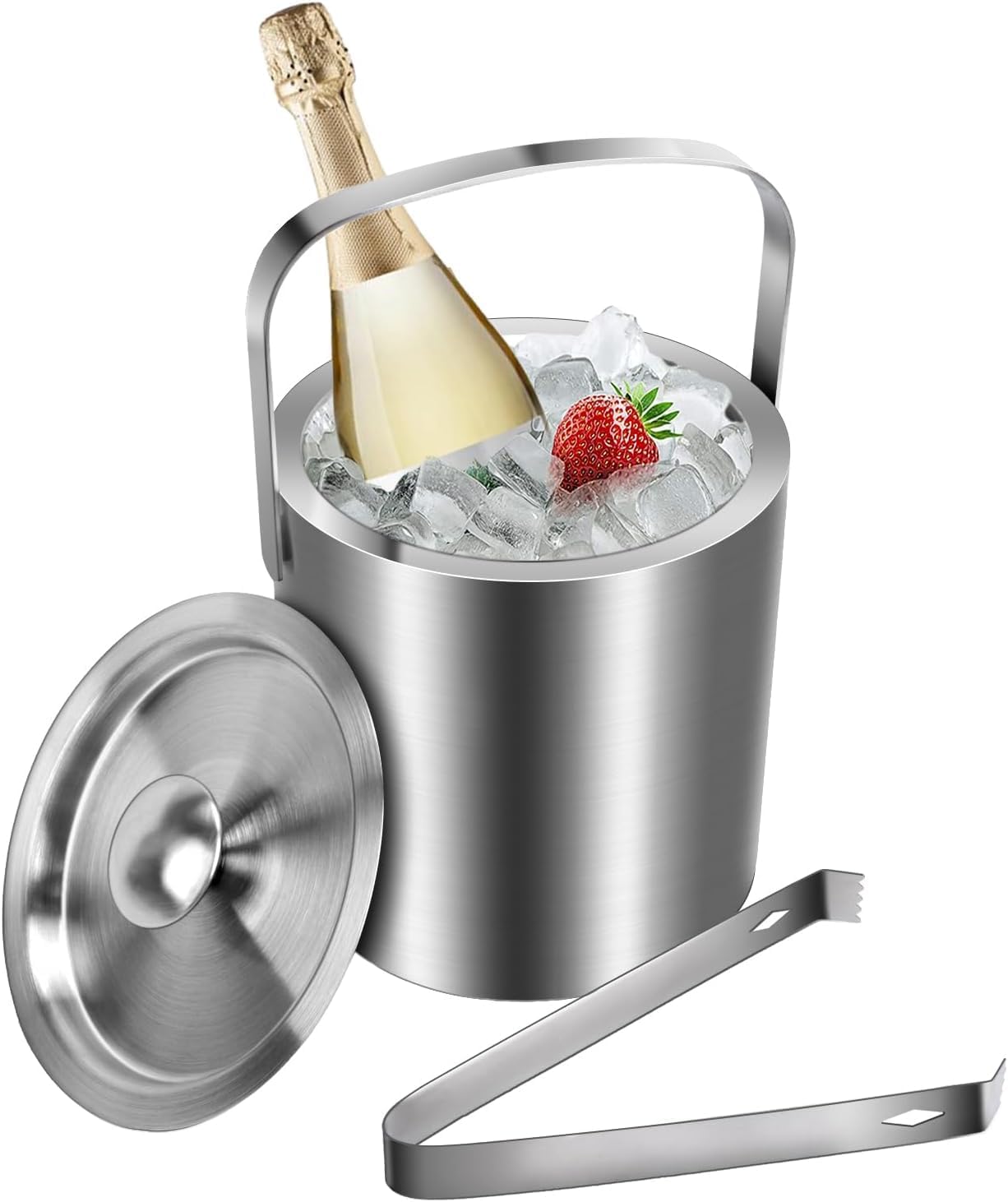 Cubitera de Acero Inoxidable 1.3L Cubitera de Doble Pared para Vino Cubitera para Botella de Champán con Tapa Asa y Pinzas para Fiestas en Bar en Casa