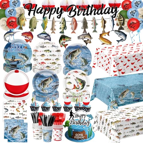Fishing Birthday Party Decorations Kit with Plates Napkins Cups Cutlery Honeycomb Balls Banner Hanging Swirls Tablecloths Toppers Balloons for Ofishally One Birthday Decorations Serves 24