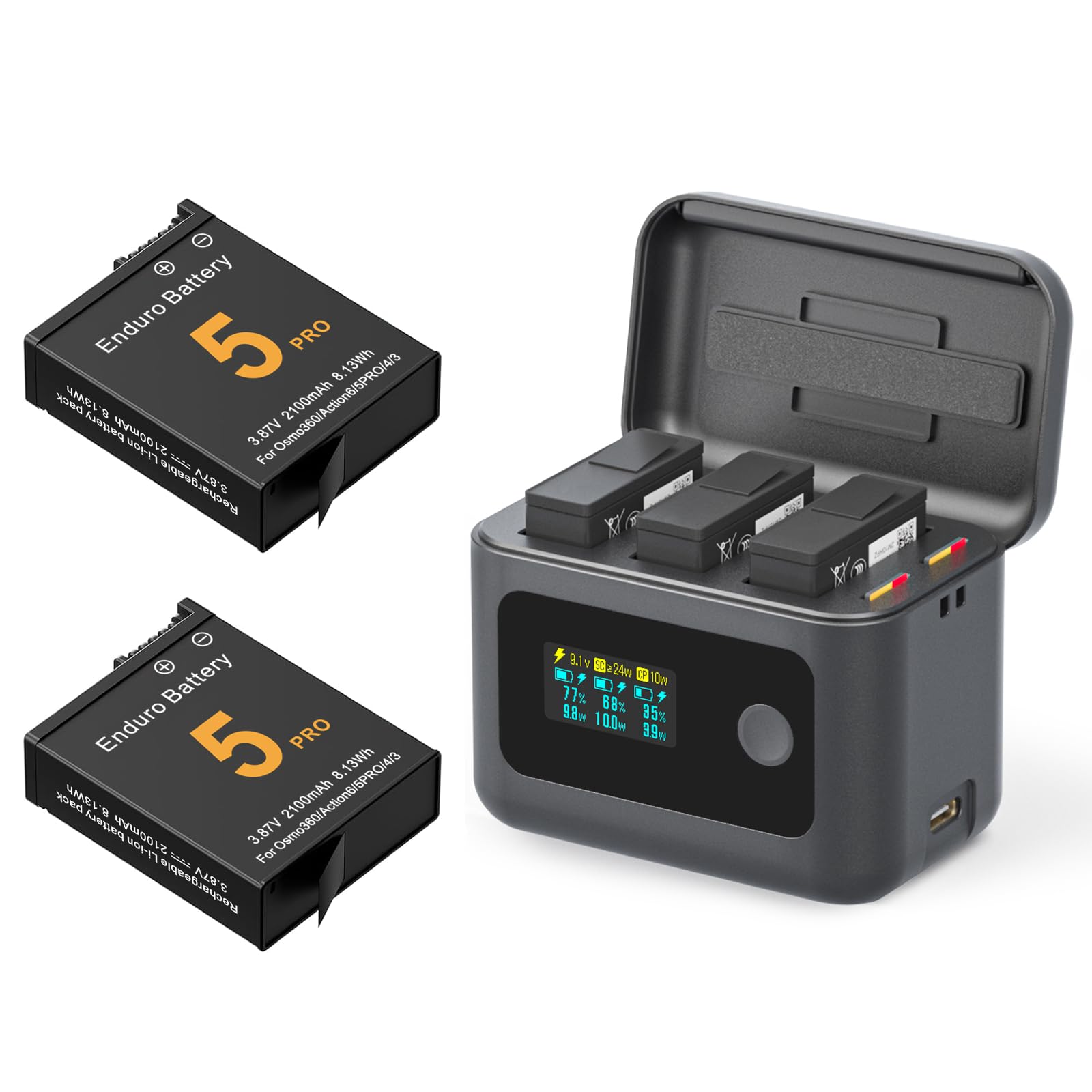 Osmo 360 Battery(2 Packs) with 24W Fast Intelligent Charging Hub Compatible with DJI Osmo 360/Action 6/Action 5 Pro/Action 4/Action 3 w/LCD Display Shows Battery SOC