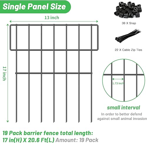 Miniatura 3 de Valla de barrera de animales de 19 paneles, 20.6 pies de largo x 17 pulgadas de alto, valla decorativa para jardín sin excavación, borde de valla de