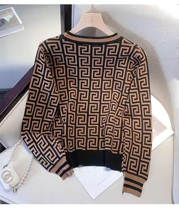 Vintage Greek Key Jacquard Long-Sleeved Sweater top,Women's Crew Neck Pullover/Sweater Brown2