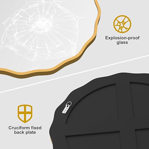 Miniatura 7 de FUWU HOME Espejo redondo decorativo para pared de 30 pulgadas, moderno espejo ondulado dorado con marco de madera, espejo de pared circular para