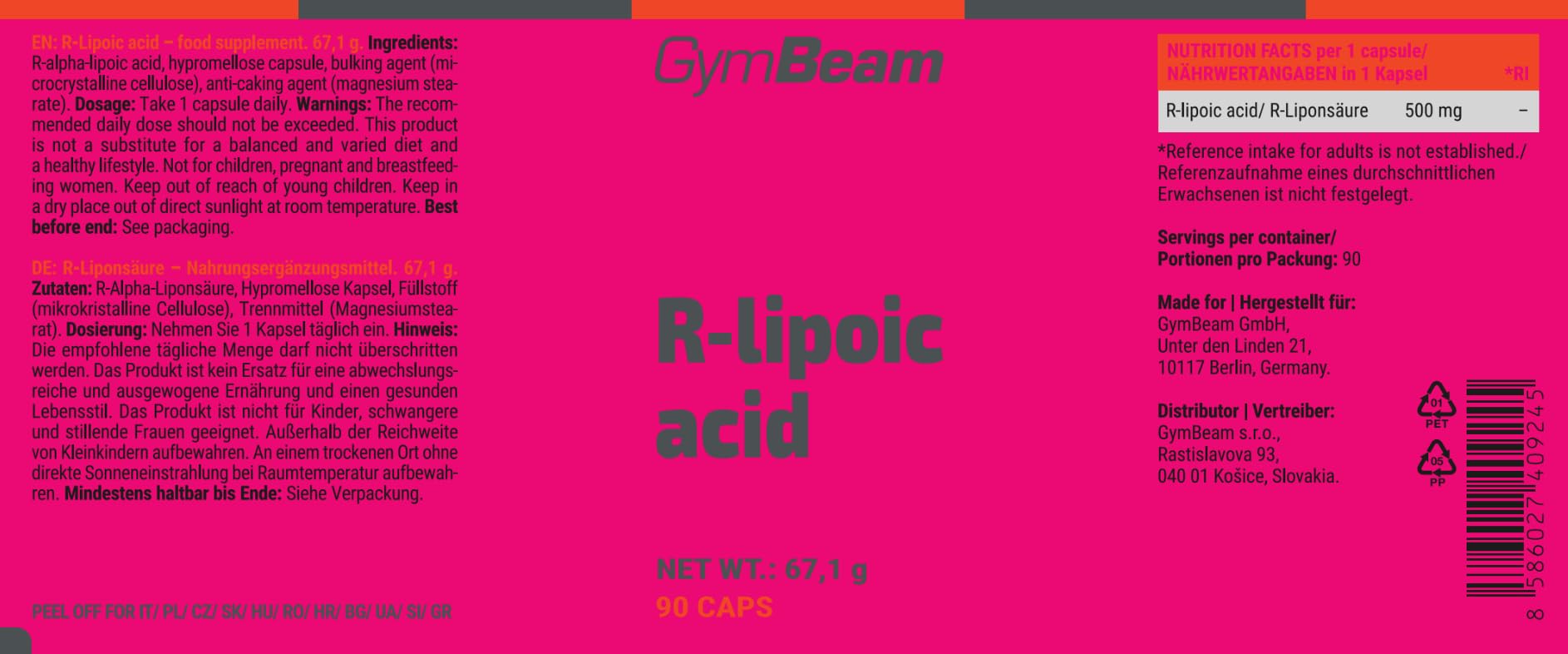 GymBeam Acido R-Lipoico (R-ALA) 500 mg - Forma Biologicamente Attiva per Supporto Antiossidante e Metabolico, Alta Purezza, Capsule Vegane, 90 cps