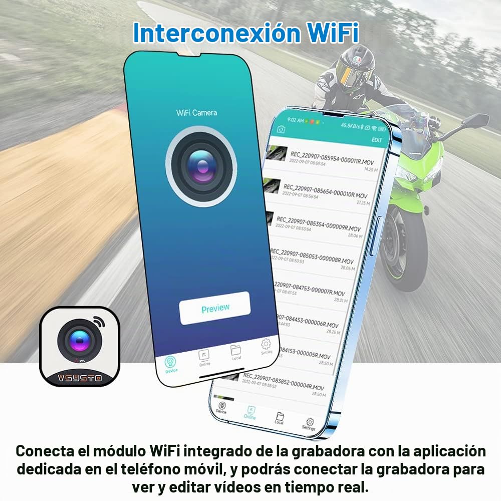 VSYSTO Dashcam motocicleta salpicadero cámara HD 1080p WiFi doble cámara delantera y trasera con GPS impermeable todo el cuerpo DVR descarga video a alta velocidad