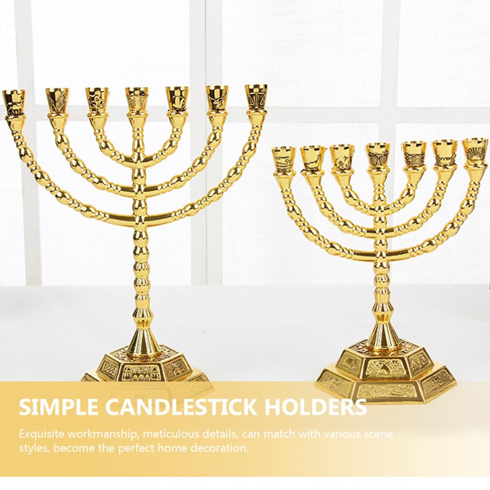 IMIKEYA Traditional Classic Hanukkah Menorah Candle Holder 7 Branch Gold Plated Chanukah Candle Minorah Jewish Candlestick Display