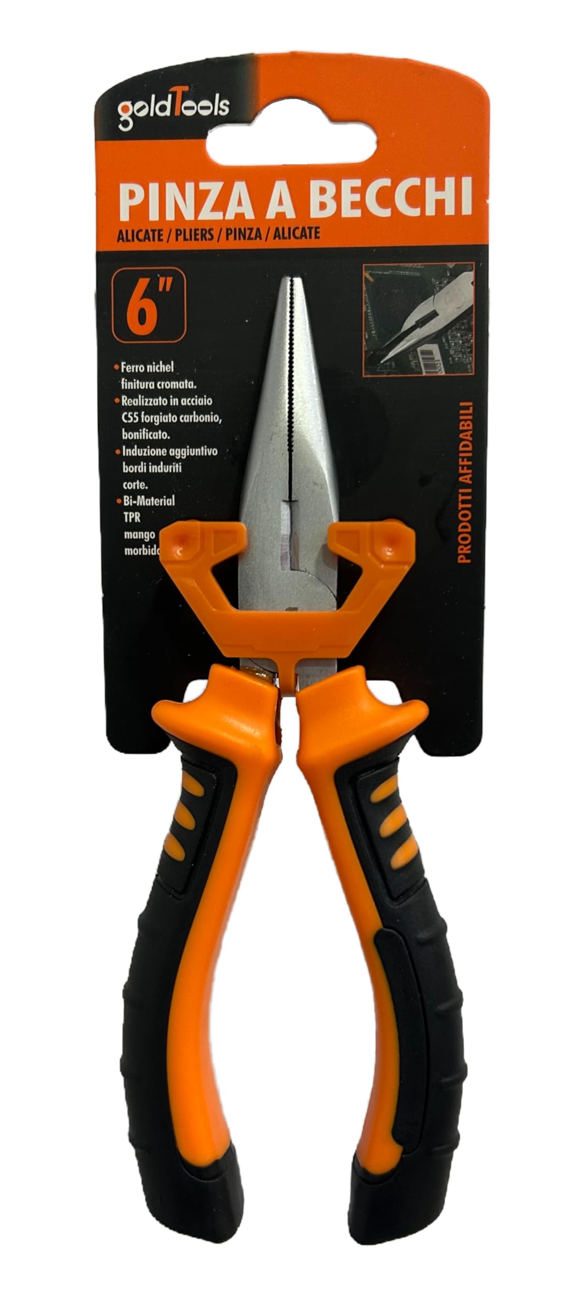 Pinza a becco lungo professionale 160 mm, in acciaio al cromo-vanadio, manico ergonomico bimateriale, ideale per fai da te e riparazioni