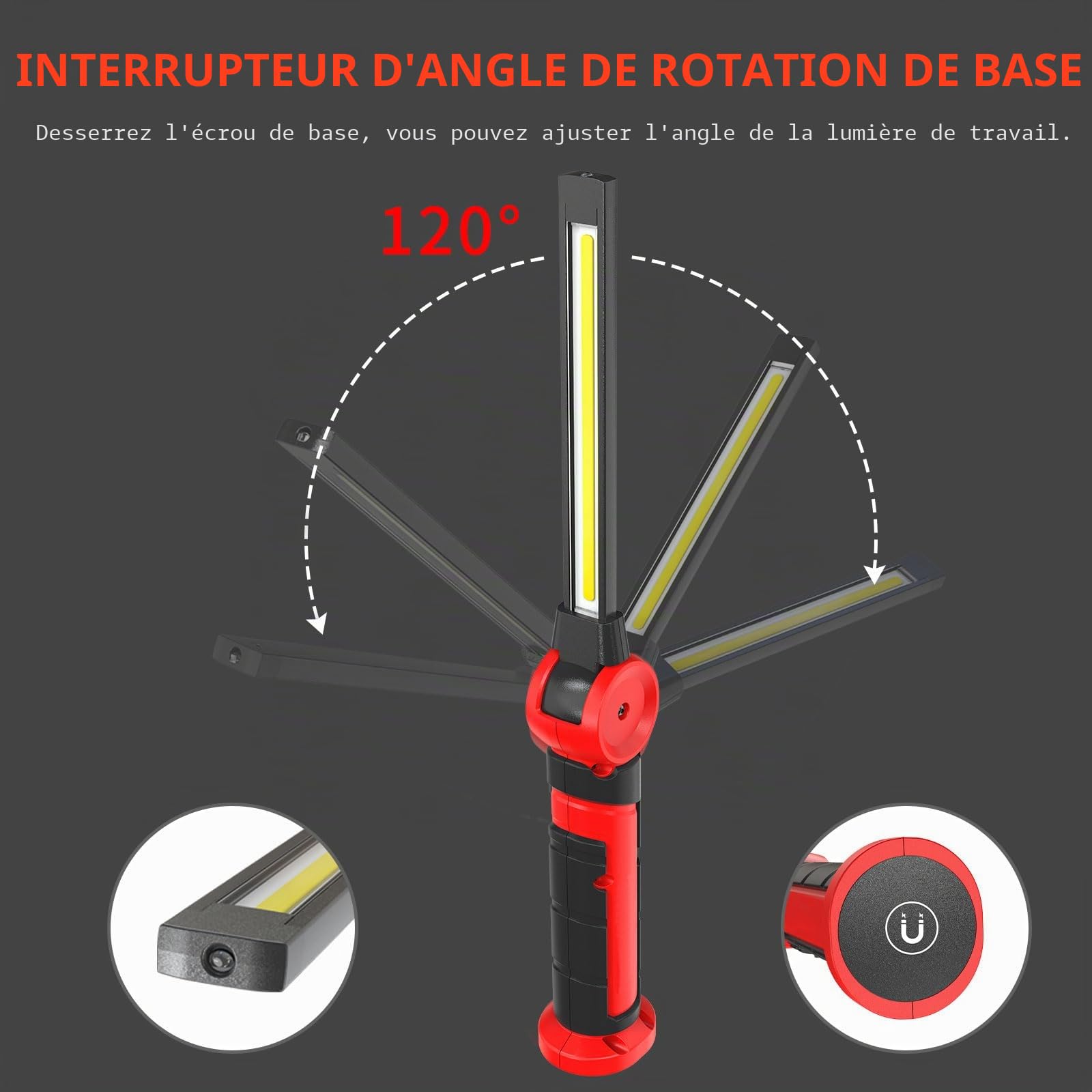 Lampe de travail LED 4000 mAh - Lampe de poche avec aimants 120° rotation - 3 modes d'éclairage COB - Réparation automobile, inspection, garage, urgence