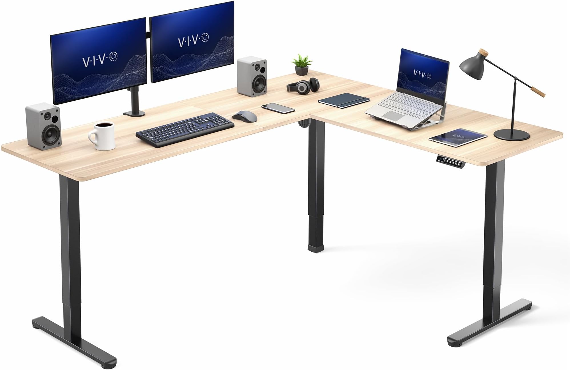 VIVO Light Wood 75 x 63 in Corner Standing Desk, DESK-E3CTBC-75