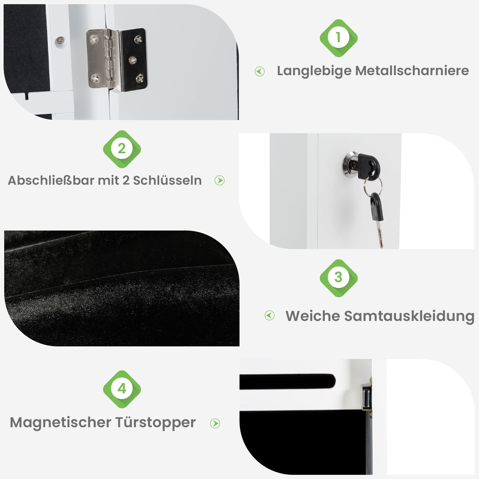 COSTWAY Schmuckschrank hängend, Sipegelschrank mit LED-Beleuchtung, Spiegel und 6 Schubladen, Hängeschrank für Tür- und Wandmontage, Schmuck Schrank für Schmuck & Kosmetik Aufbewahrung, Weiß